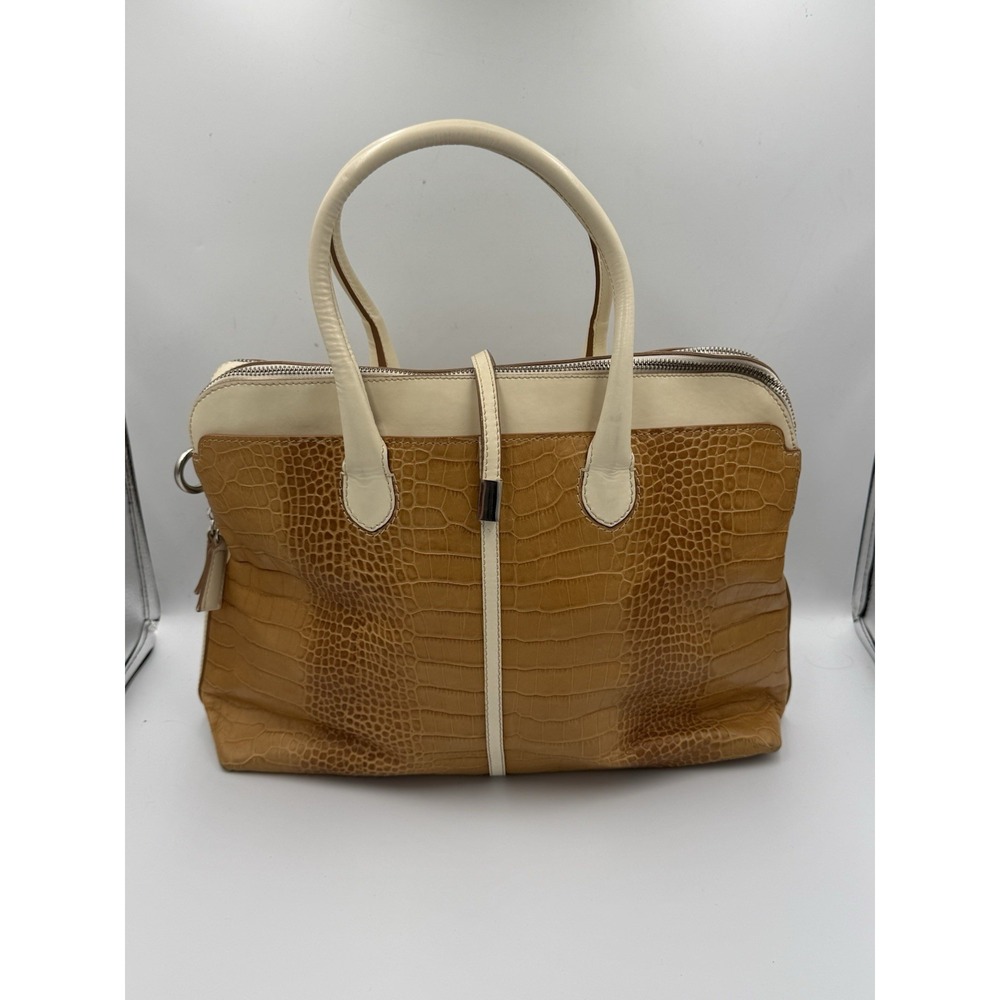 IACUCCI Crocodile Embossed Leather Tote Crossbody Bag Brown Cream Made in Italy